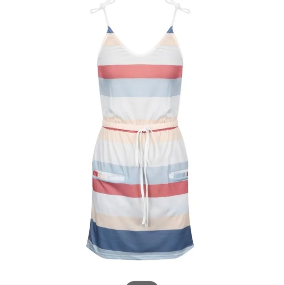 Womens Summer Dresses For Island Vacation, Striped Drawstring Lace Up Dress - Picture 2 of 6